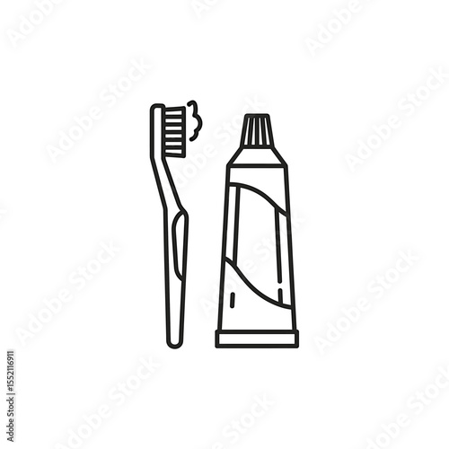 Line art illustration of a toothbrush and toothpaste tube, representing oral hygiene essentials.