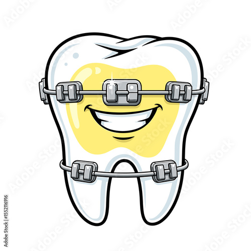 Cartoon tooth wearing metal braces, smiling happily, showing dental health.