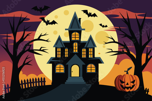 Spooky Halloween night with a haunted house, pumpkins, bats, and a full moon silhouette