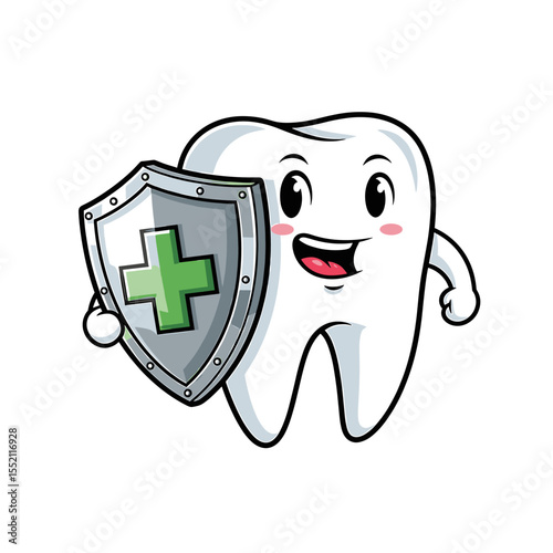 A cartoon tooth character smiling and holding a shield with a green cross.
