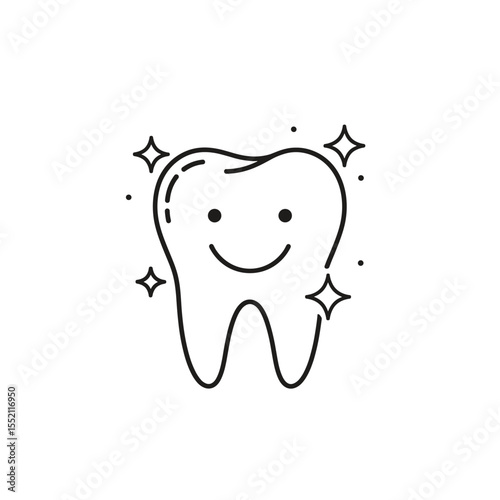 Smiling tooth icon, outlined in black, with sparkling effects, suggesting dental hygiene.