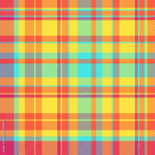 Vibrant, seamless tartan pattern with bold colors. A striking textile design, ideal for backgrounds, fashion, and design projects needing a retro or preppy aesthetic.