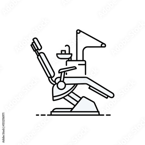 Line drawing of a dental chair with attached equipment.