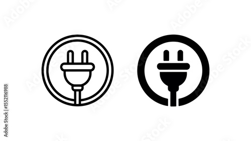 Two stylized icons of an electrical plug in a circle one outline and one solid black