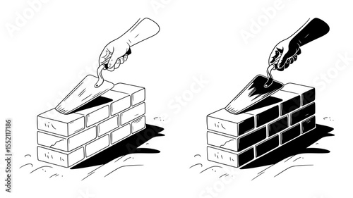 Brick wall and trowel outline and solid vector icons