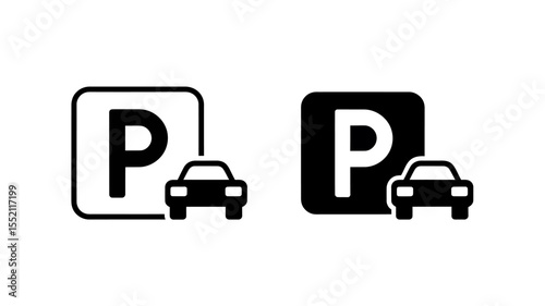 Two black and white parking signs with car symbols indicating parking availability