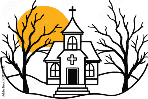Spooky haunted house on a hill in the woods under a Halloween night sky with a full moon, a horror cartoon illustration