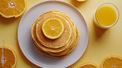 Flat lay breakfast set poster mockup with pancakes and orange juice