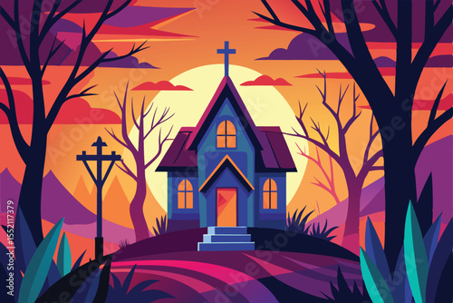 Old haunted house in a dark autumn forest with spooky trees and a full moon in the sky, perfect for a Halloween night illustration