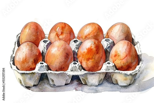 Watercolor egg carton art featuring eight fresh speckled brown eggs ready for cooking