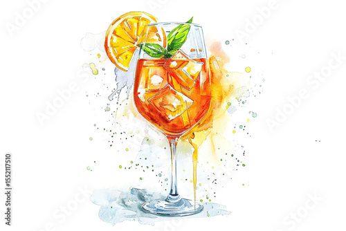 Watercolor illustration of an orange cocktail with ice orange slice and basil