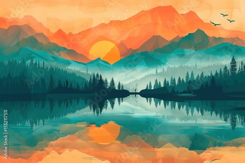 Watercolor mountains and forest landscape reflecting in lake at sunset Minimalist design