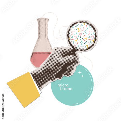 Halftone collage hand holding loupe researching Bacterial microorganism. Bacteria, germs infection, micro-organisms, microbiome, bacteria, viruses, protozoa, probiotics under magnifier glass. Vector