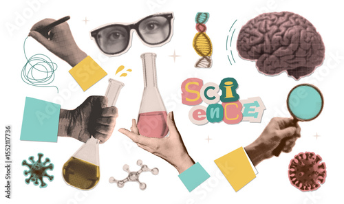 Set with halftone collage stickers with Science lab conception, retro paper cutouts. Collection with hands holding flask, loupe, writing report, making research, studying in laboratory. Vector