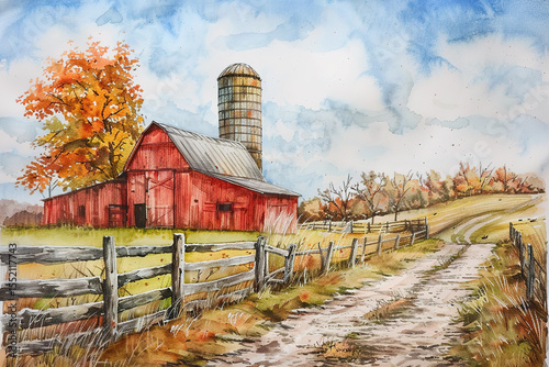 Watercolor painting of a red barn and silo in autumn landscape with dirt road