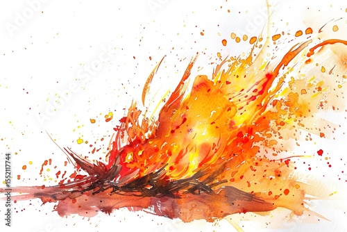 Watercolor Painting: Fiery abstract composition with shades of orange and red