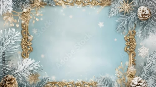 Elegant Gold Frame with Snowy Winter Branches - A light blue background is framed by ornate gold details and snow-dusted pine branches, accented with pine cones and delicate floral elements.