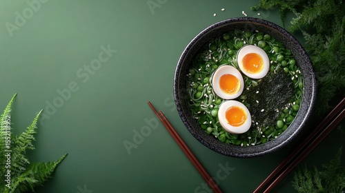 Japanese ramen bowl poster mockup with boiled egg nori and chopsticks
