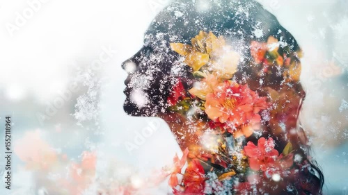 Woman's Silhouette with Flowers and Snow - A double exposure video featuring a woman's profile silhouette overlaid with vibrant flowers and a snowy texture.