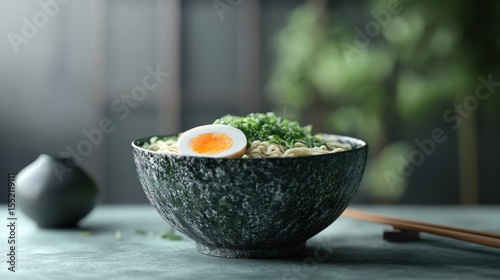 Japanese ramen bowl poster mockup with boiled egg nori and chopsticks