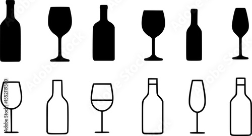 Simple Wine Bottle and Glass Icons Set
