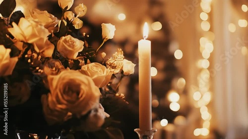 Lit Candle with Flowers and Bokeh Lights - A single, lit candle on a candlestick sits in front of a bouquet of white roses.