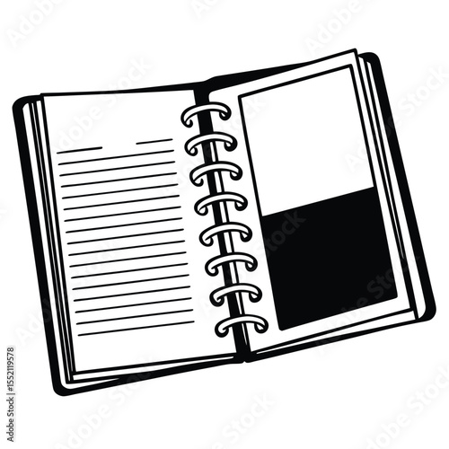 Open binder displays lined paper opposite a filled pocket divider, all in monochrome