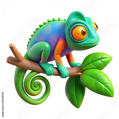 Cartoon chameleon on a branch with leaves isolated on transparent background