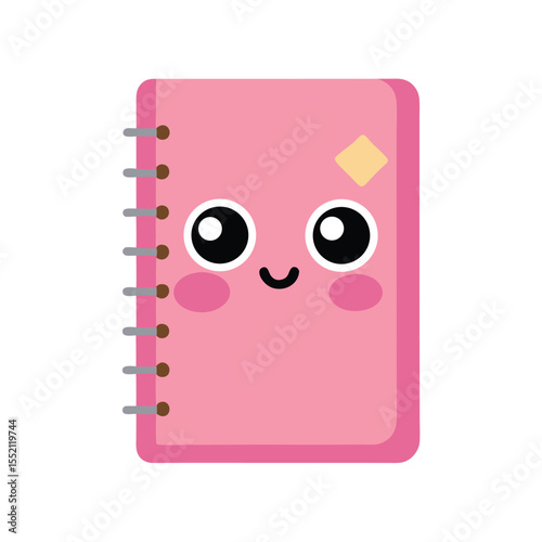 Pink cartoon notebook displays a smiling face with large, endearing eyes on a white background