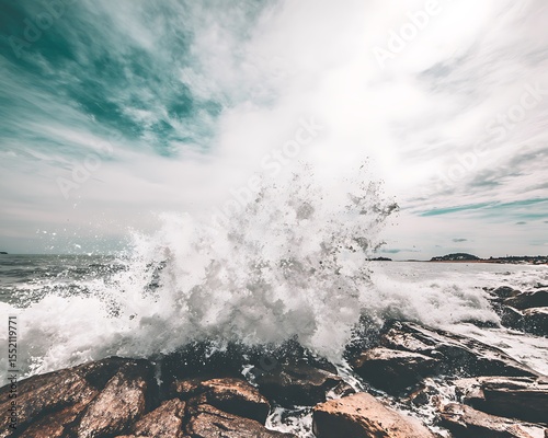 Powerful ocean waves crashing on rocks