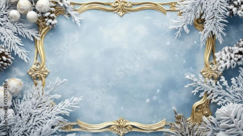 Elegant Gold Frame with Winter Decor - A luxurious gold frame is adorned with snow-covered pine branches, pine cones, and elegant white ornaments against a soft blue background.
