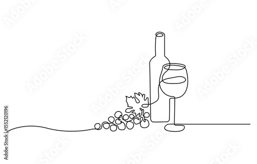 Bottle of wine with wineglass and grape bunch in continuous line art drawing style. Minimalist black linear sketch isolated on white background. Vector illustration