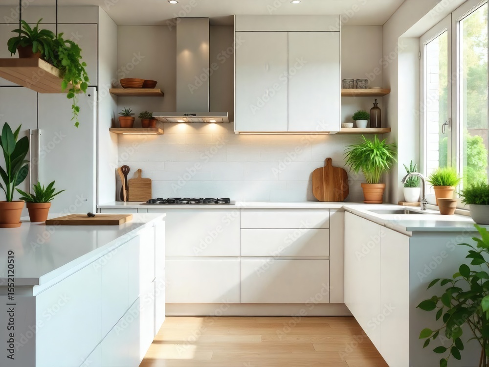 Fototapeta premium Modern Minimalist Kitchen Design: Sunlight streams into a bright, airy kitchen featuring sleek white cabinets, a large island, and abundant potted plants, creating a serene and stylish atmosphere.
