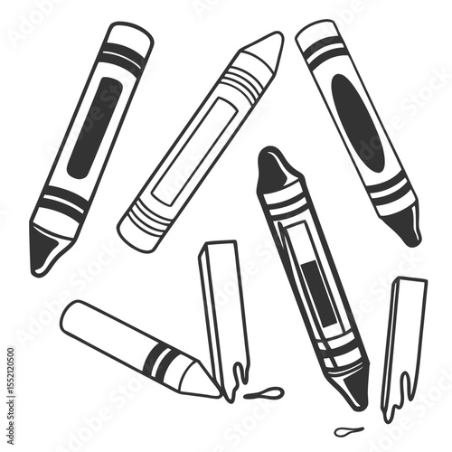 Five monochromatic crayons with line art show two broken crayons and dripping wax with transparency