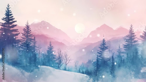 Serene Winter Mountain Landscape - A breathtaking view of snow-covered mountains bathed in a soft, pastel light.