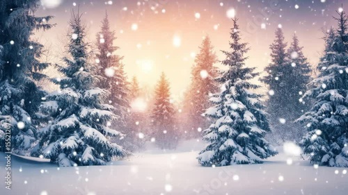 Magical Winter Sunrise in Snow Covered Forest - A breathtaking winter scene showcasing snow-laden evergreen trees bathed in the warm glow of a rising sun.