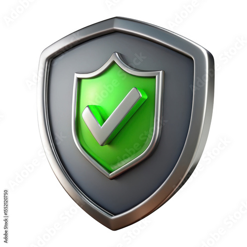 Shiny metallic shield with green check mark symbol isolated on transparent background