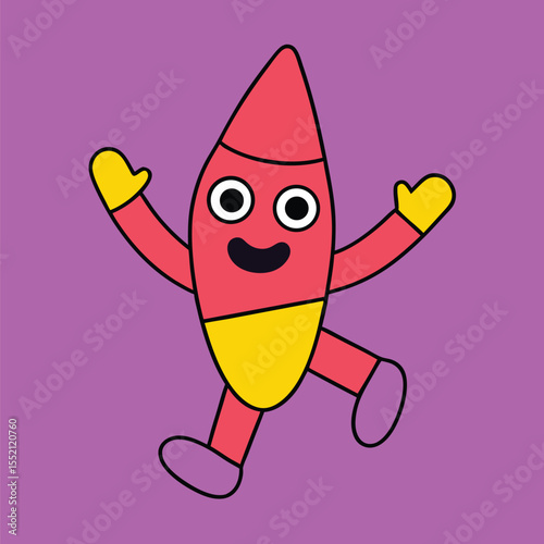 Playful candy corn character jumps joyfully against a vivid purple backdrop with an expressive and friendly smile