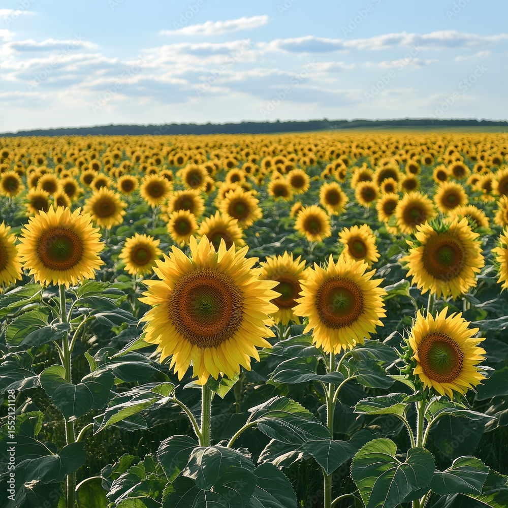 Fototapeta premium Many blooming field of sunflowers in summer
