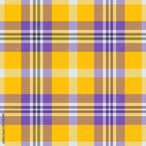 Vibrant plaid pattern featuring bold yellow, muted purple, tan and light grey hues. Ideal for textiles, backgrounds, or creative design projects. Versatile and eyecatching.