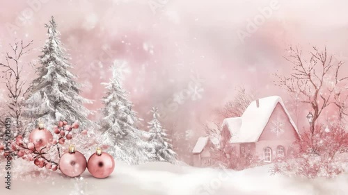 Pink Winter Wonderland Christmas Scene - A picturesque winter scene featuring snow-covered evergreen trees, a quaint snow-dusted cottage, and delicate rose-gold Christmas ornaments.