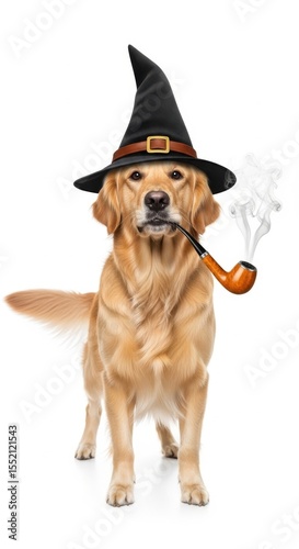 A whimsical wizard golden retriever wearing a starry hat and smoking a pipe, perfect for fantasy, storybook, or magical-themed designs
