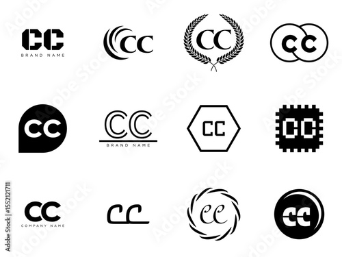 CC logo company template. Letter c and c logotype. Set different classic serif lettering and modern bold text with design elements. Initial font typography.