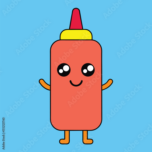Cheerful cartoon ketchup bottle character smiles happily with open arms on light blue background