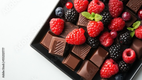 Top view assorted chocolate dessert platter with fresh berries on white background