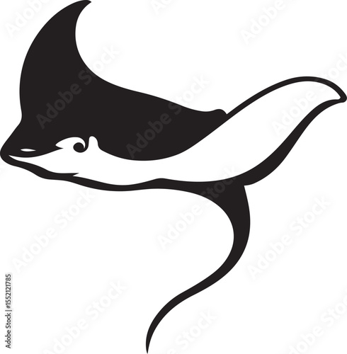 Stingray in flight silhouette black and white, Elegant sea animal gliding vector art