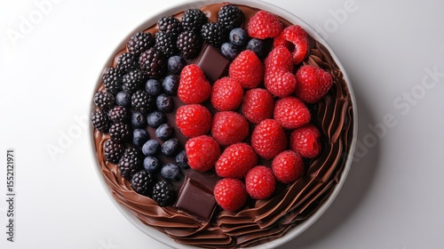 Top view assorted chocolate dessert platter with fresh berries on white background