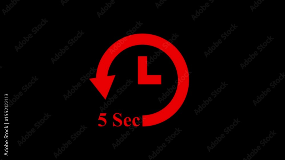 countdown clock animation showing 5 seconds left,digital 5 second timer animation with clock icon on black background,futuristic 5 second digital countdown on black.