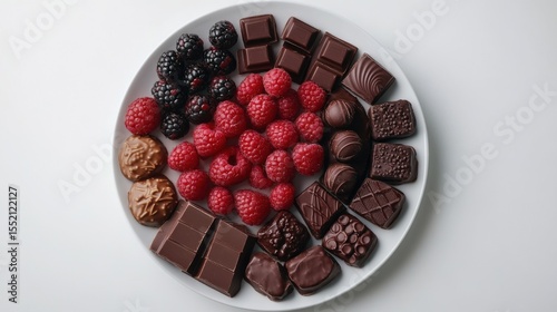 Top view assorted chocolate dessert platter with fresh berries on white background