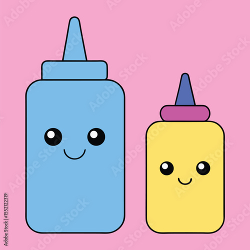 Two adorable cartoon condiment containers display smiling faces against a pastel pink background